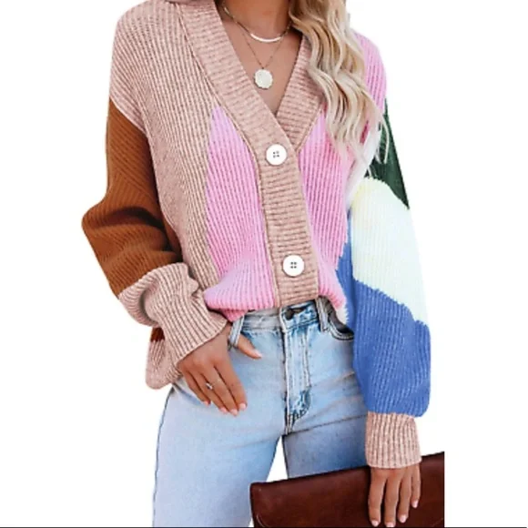 Color Block Button Front Oversized Knit Chunky Sweater Cardigan Slouchy Jacket - Picture 5 of 8